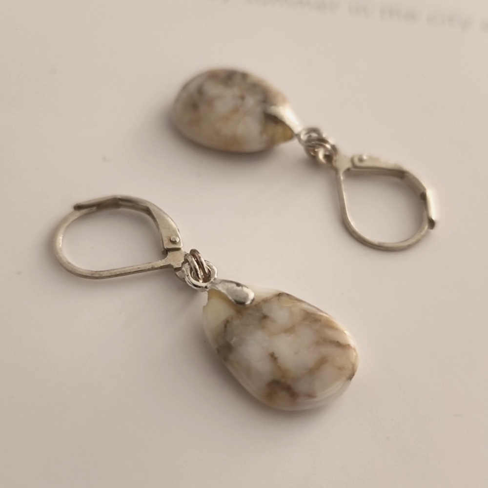 VINTAGE Sterling Silver Raw Stone Earrings Copper Dainty Artisan Marble Boho - Picture 9 of 12